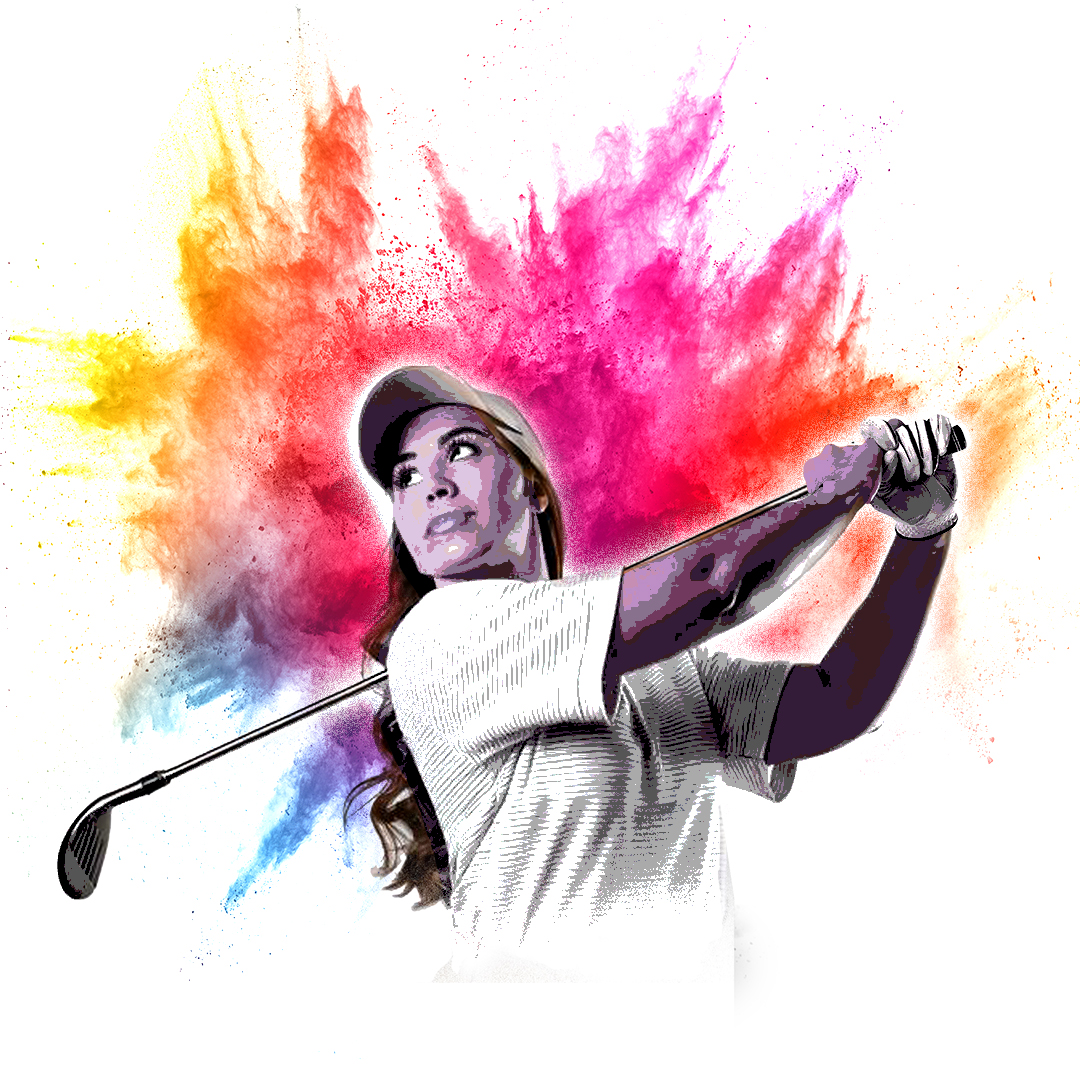 Golf Player with a red uniform coming out of a blast of smoke .