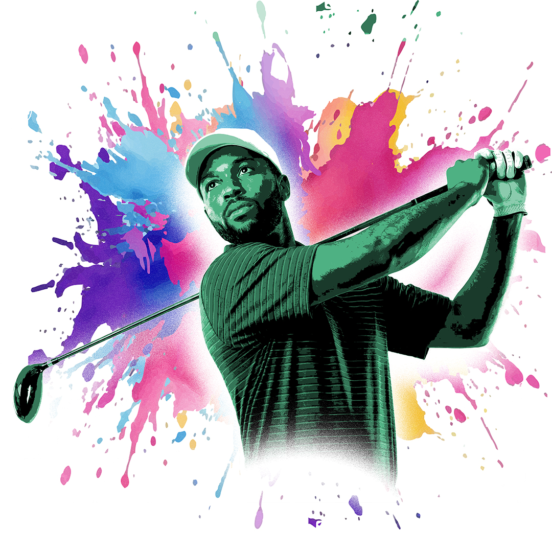 Golf Player with a red uniform coming out of a blast of smoke .