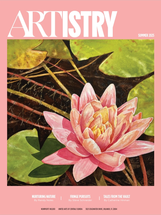 Cover of Artistry Summer 2025, it contains a painting of a pink lily amidst green lily leaves in still water on a pink background.